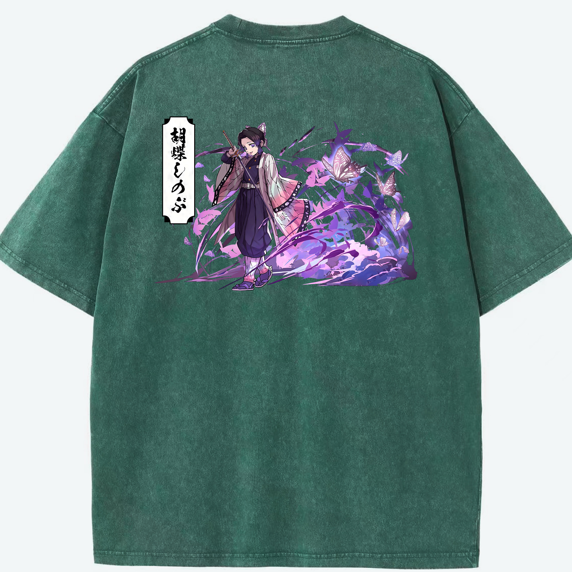 （画像用） 鬼滅の刃（きめつのやいば）蟲柱-胡蝶 しのぶ／こちょう しのぶ Kochou Shinobu 綿100% ヴィンテージ風 半袖Tシャツ（背面プリント）